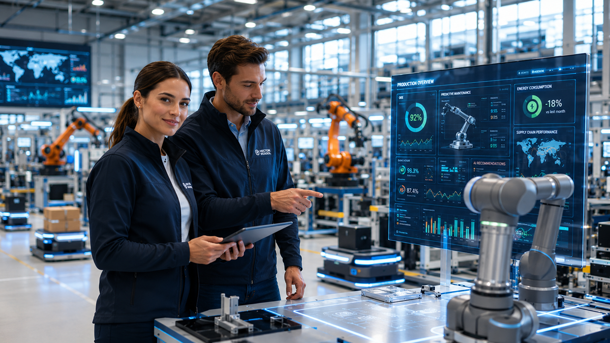 Zwei Ingenieure analysieren Produktionsdaten an einer Industrieanlage.